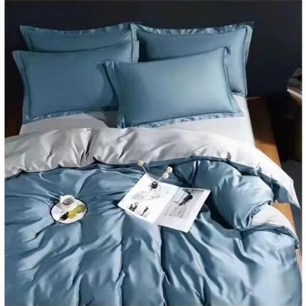 91家纺网 家纺一手货源 找家纺 U品汇 60支长绒棉纯色双拼色纯棉全棉四件套床单被套 普斯蓝+浅灰