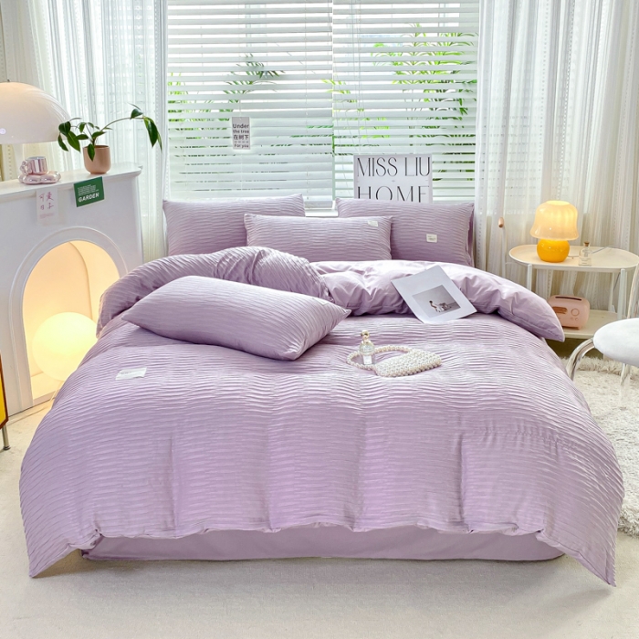 91家纺网 家纺一手货源 找家纺 红日子 2023新款韩版泡泡纱提花水洗棉纯色四件套 泡泡纱-紫薯色