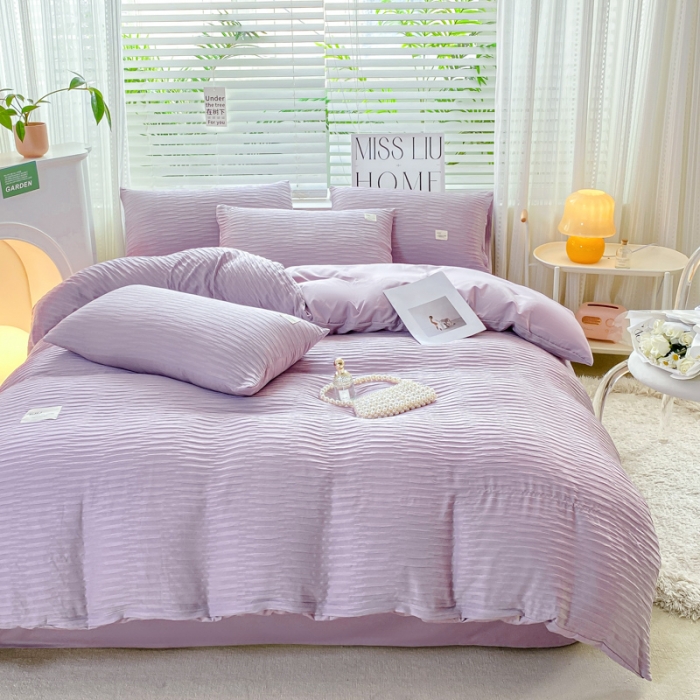 91家纺网 家纺一手货源 找家纺 红日子 2023新款韩版泡泡纱提花水洗棉纯色四件套 泡泡纱-紫薯色