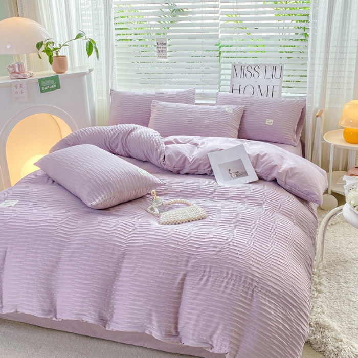 91家纺网 家纺一手货源 找家纺 红日子 2023新款韩版泡泡纱提花水洗棉纯色四件套 泡泡纱-紫薯色