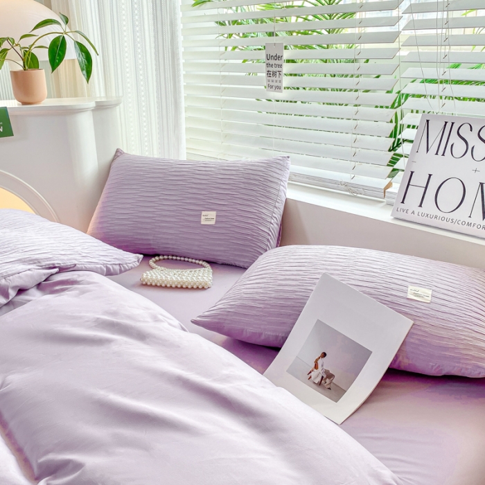 91家纺网 家纺一手货源 找家纺 红日子 2023新款韩版泡泡纱提花水洗棉纯色四件套 泡泡纱-紫薯色