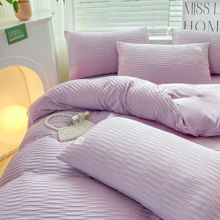 91家纺网 家纺一手货源 找家纺 红日子 2023新款韩版泡泡纱提花水洗棉纯色四件套 泡泡纱-紫薯色