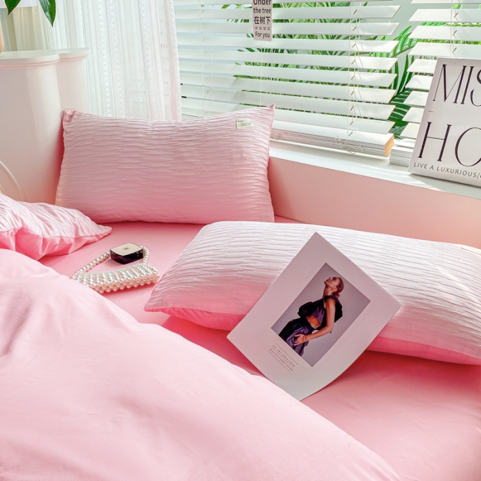 91家纺网 家纺一手货源 找家纺 红日子 2023新款韩版泡泡纱提花水洗棉纯色四件套 泡泡纱-樱花粉