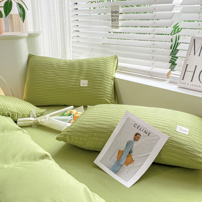 91家纺网 家纺一手货源 找家纺 红日子 2023新款韩版泡泡纱提花水洗棉纯色四件套 泡泡纱-芥末绿