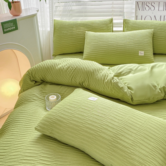 91家纺网 家纺一手货源 找家纺 红日子 2023新款韩版泡泡纱提花水洗棉纯色四件套 泡泡纱-芥末绿