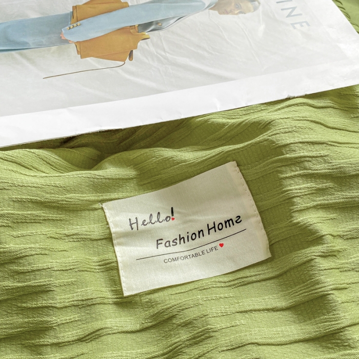 91家纺网 家纺一手货源 找家纺 红日子 2023新款韩版泡泡纱提花水洗棉纯色四件套 泡泡纱-芥末绿