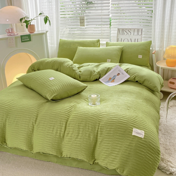 91家纺网 家纺一手货源 找家纺 红日子 2023新款韩版泡泡纱提花水洗棉纯色四件套 泡泡纱-芥末绿
