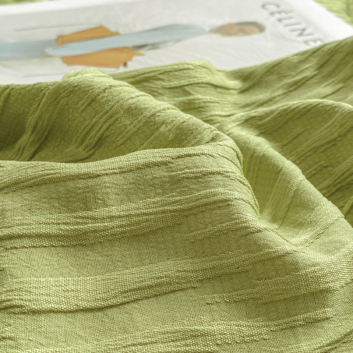 91家纺网 家纺一手货源 找家纺 红日子 2023新款韩版泡泡纱提花水洗棉纯色四件套 泡泡纱-芥末绿