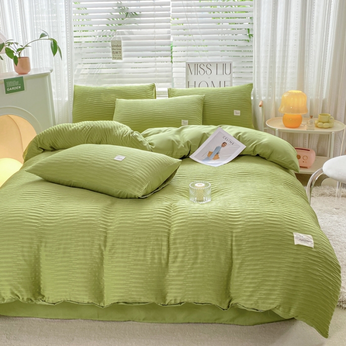 91家纺网 家纺一手货源 找家纺 红日子 2023新款韩版泡泡纱提花水洗棉纯色四件套 泡泡纱-芥末绿