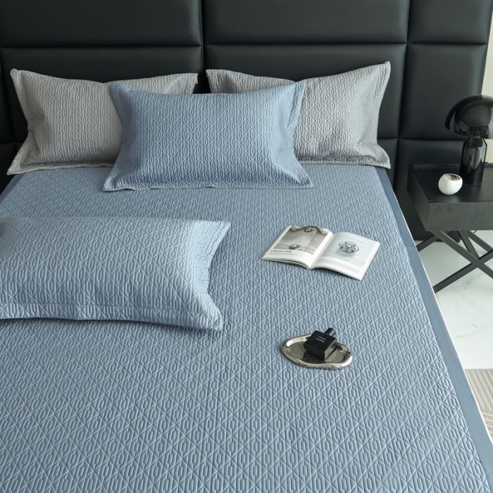 91家纺网 家纺一手货源 找家纺 榻尚 2023新款纯竹纤维绗缝夏凉席空调席垫三件套 石青