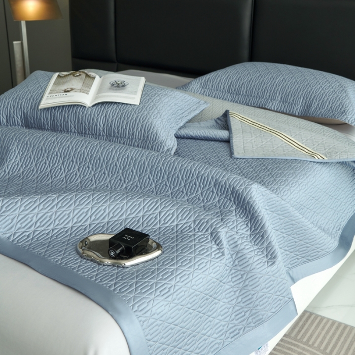 91家纺网 家纺一手货源 找家纺 榻尚 2023新款纯竹纤维绗缝夏凉席空调席垫三件套 石青