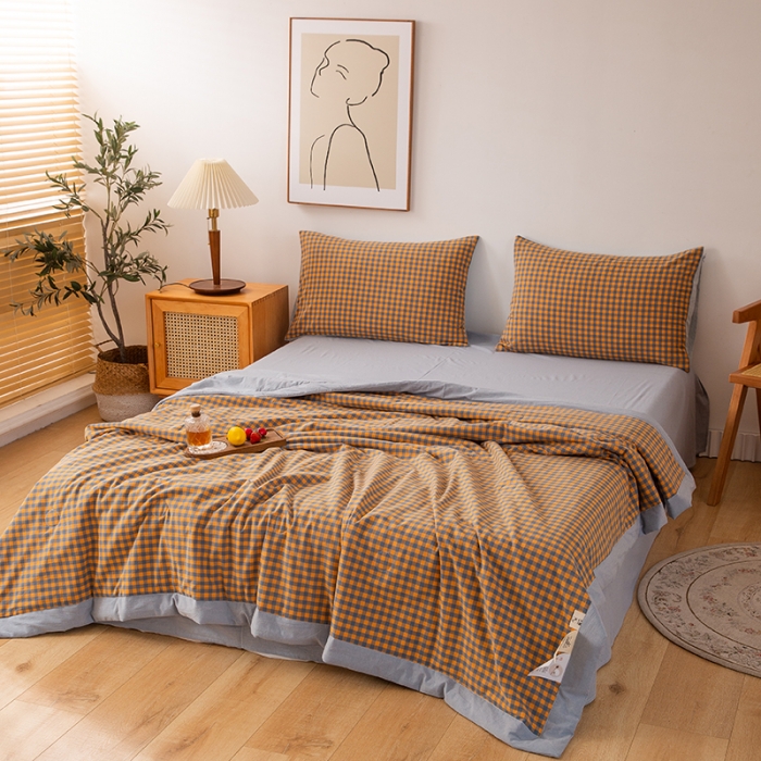 91家纺网 家纺一手货源 找家纺 青螺 2024新款全棉水洗棉色织大豆被夏被空调被夏被四件套 格森 橘