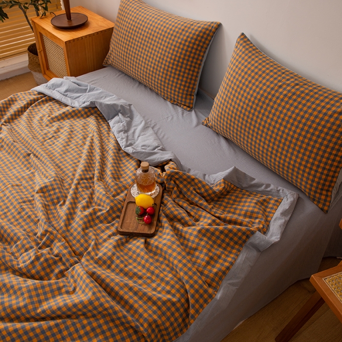 91家纺网 家纺一手货源 找家纺 青螺 2024新款全棉水洗棉色织大豆被夏被空调被夏被四件套 格森 橘