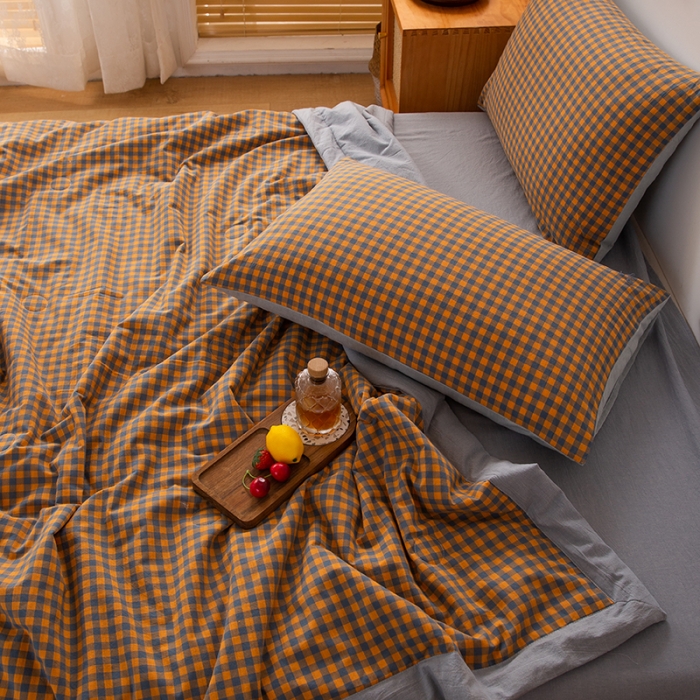 91家纺网 家纺一手货源 找家纺 青螺 2024新款全棉水洗棉色织大豆被夏被空调被夏被四件套 格森 橘