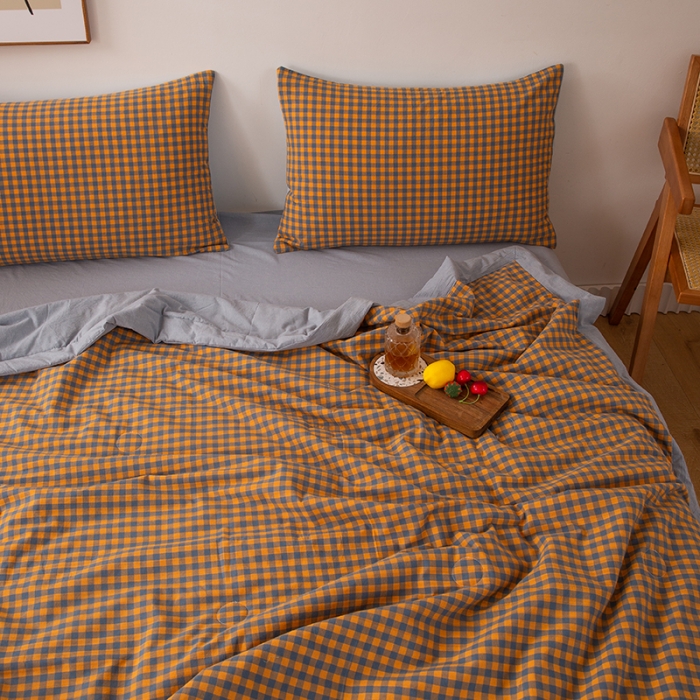 91家纺网 家纺一手货源 找家纺 青螺 2024新款全棉水洗棉色织大豆被夏被空调被夏被四件套 格森 橘