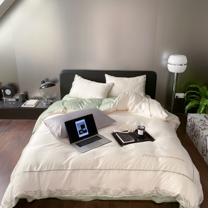 91家纺网 家纺一手货源 找家纺 缪家居 2023新款80支兰精天丝四件套-纯享日记 白拼绿