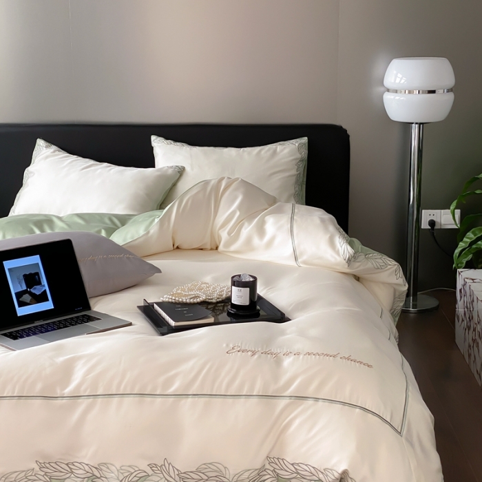 91家纺网 家纺一手货源 找家纺 缪家居 2023新款80支兰精天丝四件套-纯享日记 白拼绿