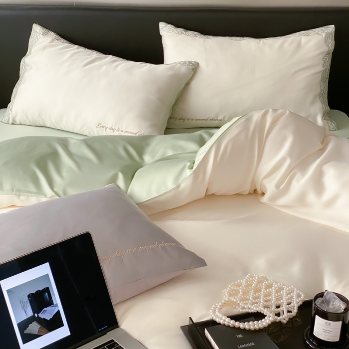 91家纺网 家纺一手货源 找家纺 缪家居 2023新款80支兰精天丝四件套-纯享日记 白拼绿