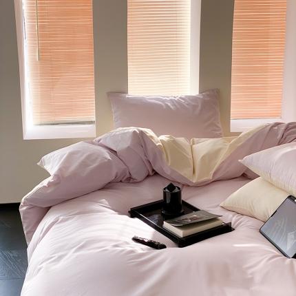 91家纺网 家纺一手货源 找家纺 双拼全棉水洗棉纯棉四件套ins简约北欧纯色床笠款套件