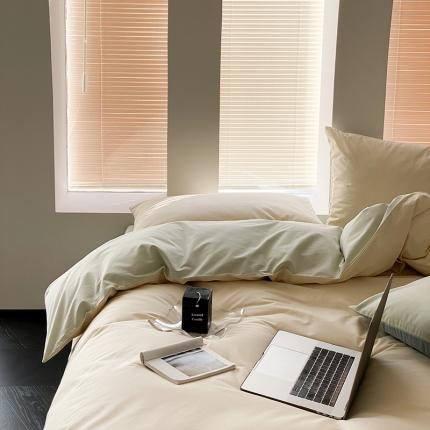 91家纺网 家纺一手货源 找家纺 双拼全棉水洗棉纯棉四件套ins简约北欧纯色床笠款套件