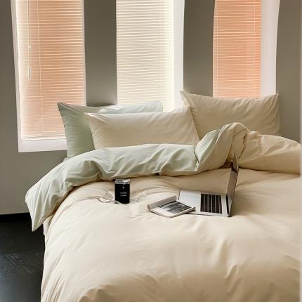 91家纺网 家纺一手货源 找家纺 双拼全棉水洗棉纯棉四件套ins简约北欧纯色床笠款套件