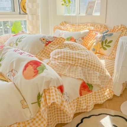 91家纺网 家纺一手货源 找家纺 花伞2024直播热款韩版花边植物羊绒加厚磨毛印花四件套 好柿成双