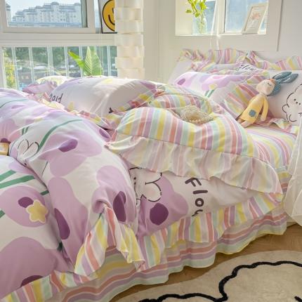 91家纺网 家纺一手货源 找家纺 花伞2024直播热款韩版花边植物羊绒加厚磨毛印花四件套 花儿朵朵