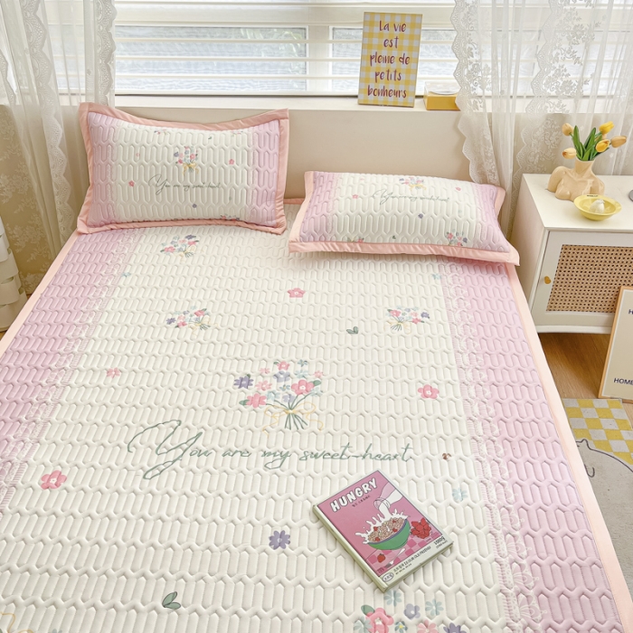 91家纺网 家纺一手货源 找家纺 慕澄 2023新款大版宽边小清新乳胶凉席系列 宽边-粉色心情