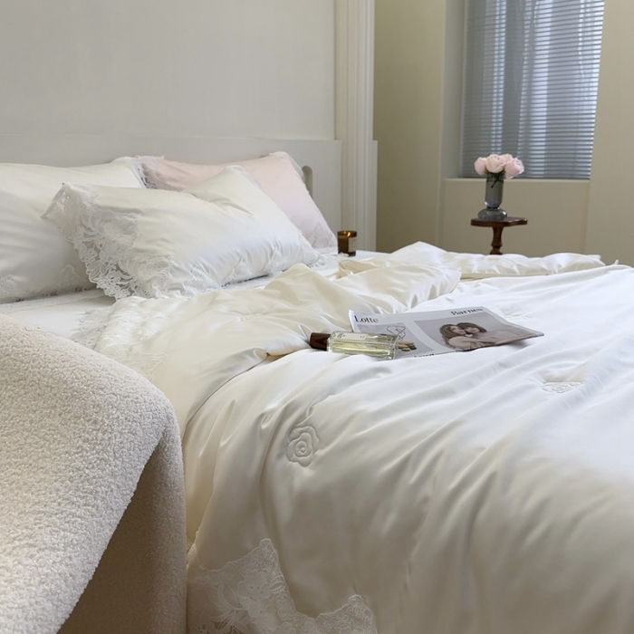 91家纺网 家纺一手货源 找家纺 安莱生活 2023新款 雪莲天丝蕾丝夏被 安琪儿 白