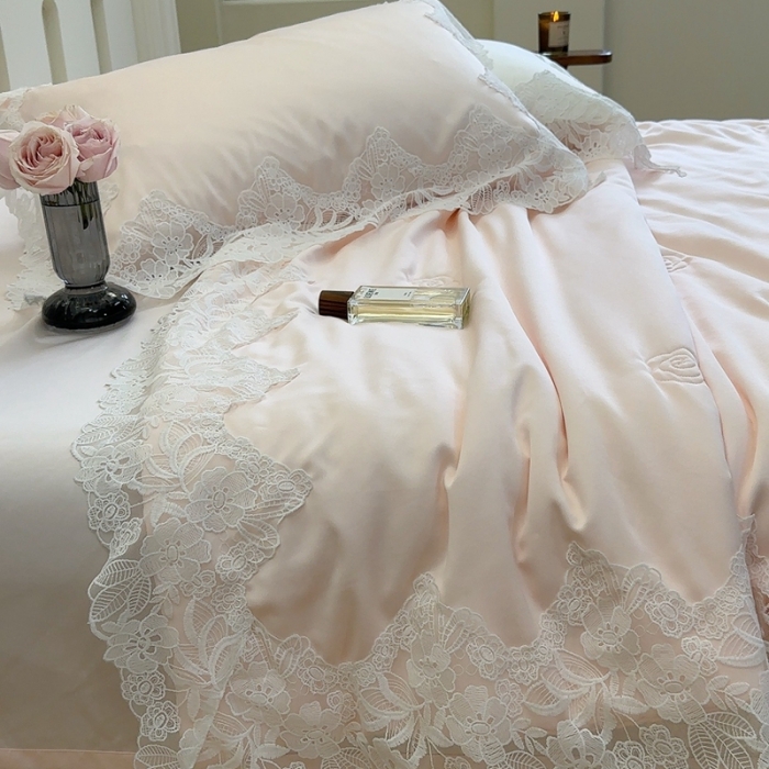 91家纺网 家纺一手货源 找家纺 安莱生活 2023新款 雪莲天丝蕾丝夏被 安琪儿 粉