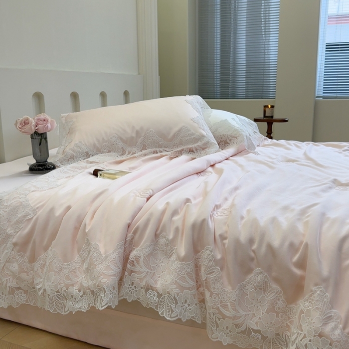 91家纺网 家纺一手货源 找家纺 安莱生活 2023新款 雪莲天丝蕾丝夏被 安琪儿 粉