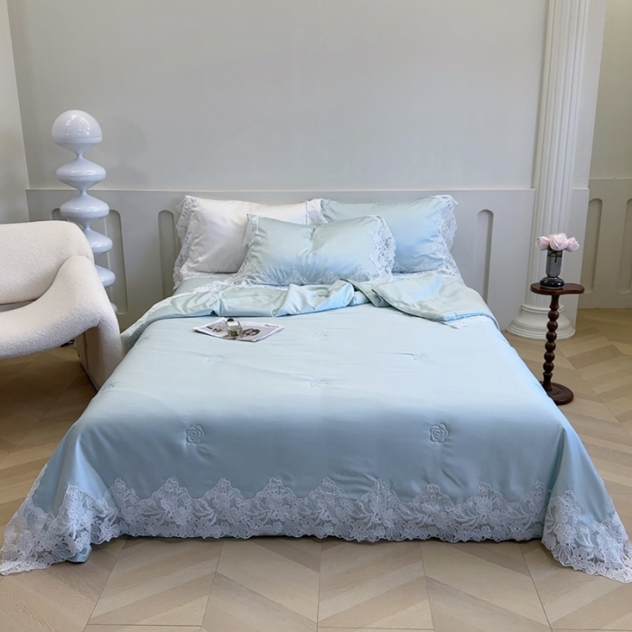 91家纺网 家纺一手货源 找家纺 安莱生活 2023新款 雪莲天丝蕾丝夏被 安琪儿 蓝