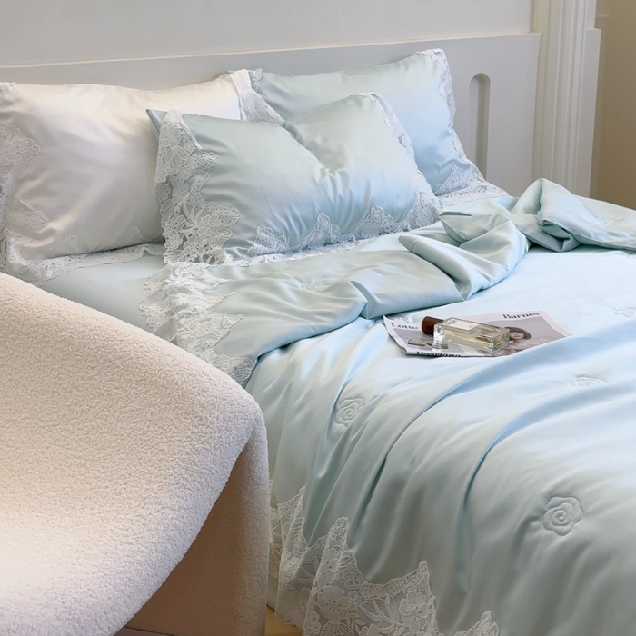 91家纺网 家纺一手货源 找家纺 安莱生活 2023新款 雪莲天丝蕾丝夏被 安琪儿 蓝