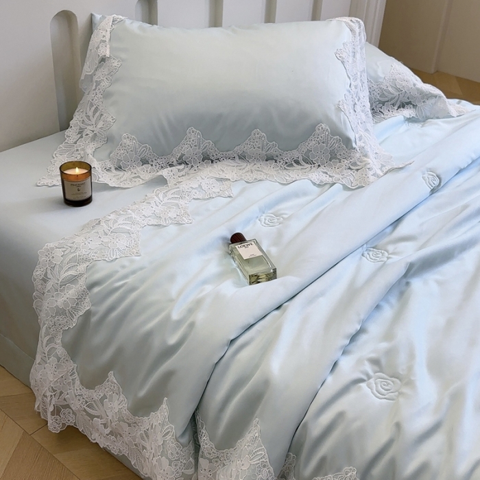 91家纺网 家纺一手货源 找家纺 安莱生活 2023新款 雪莲天丝蕾丝夏被 安琪儿 蓝