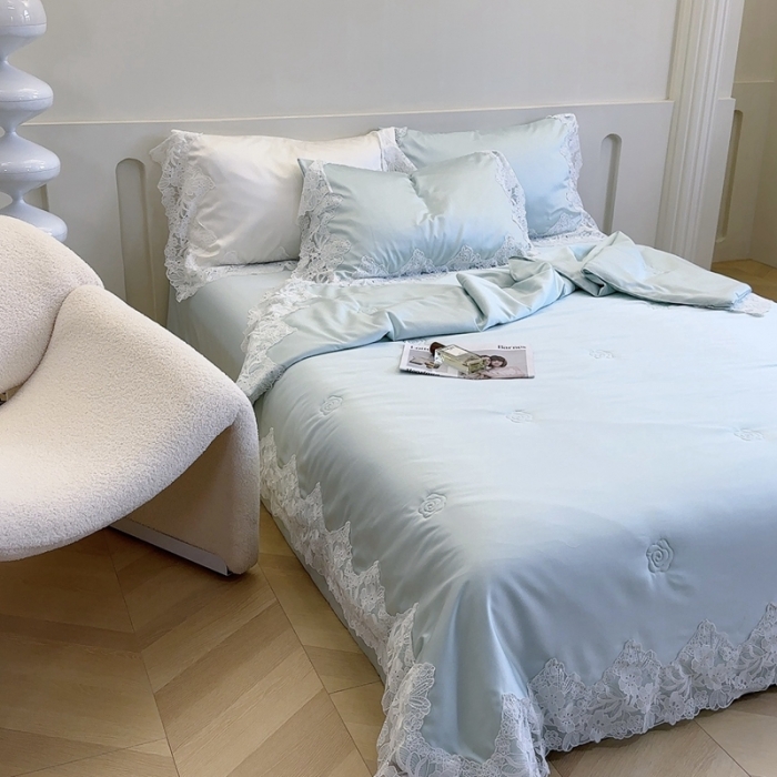 91家纺网 家纺一手货源 找家纺 安莱生活 2023新款 雪莲天丝蕾丝夏被 安琪儿 蓝