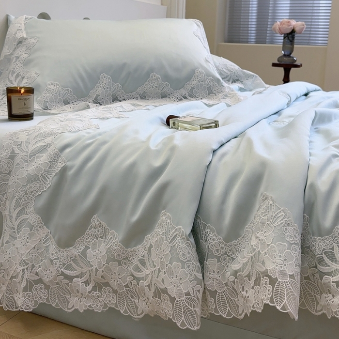 91家纺网 家纺一手货源 找家纺 安莱生活 2023新款 雪莲天丝蕾丝夏被 安琪儿 蓝