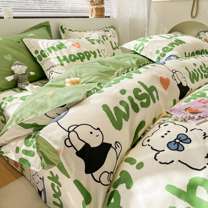 91家纺网 家纺一手货源 找家纺 绵庭 2023新款 全棉印花四件套 lucky熊-绿