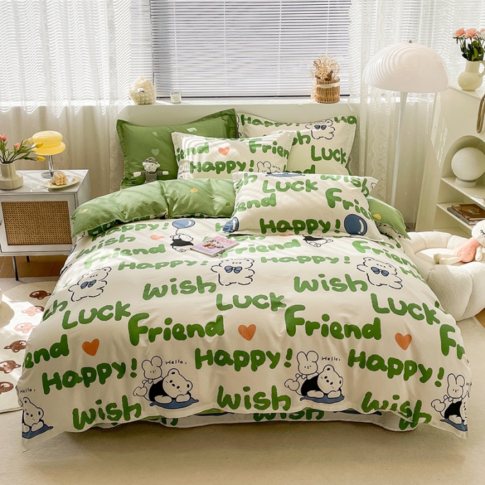 91家纺网 家纺一手货源 找家纺 绵庭 2023新款 全棉印花四件套 lucky熊-绿