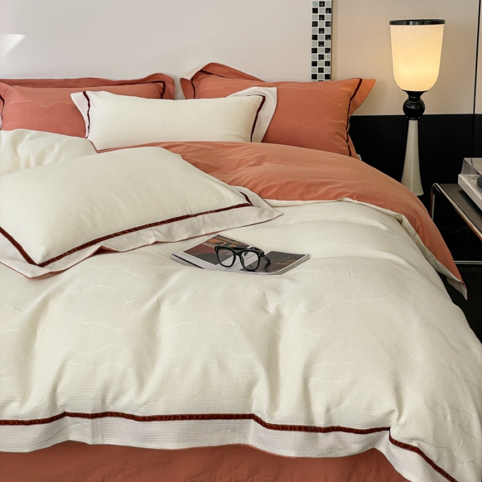 91家纺网 家纺一手货源 找家纺 玛奇朵2023新品60支华夫格大提花- 艾维斯诺系列四件套艾维斯诺-白