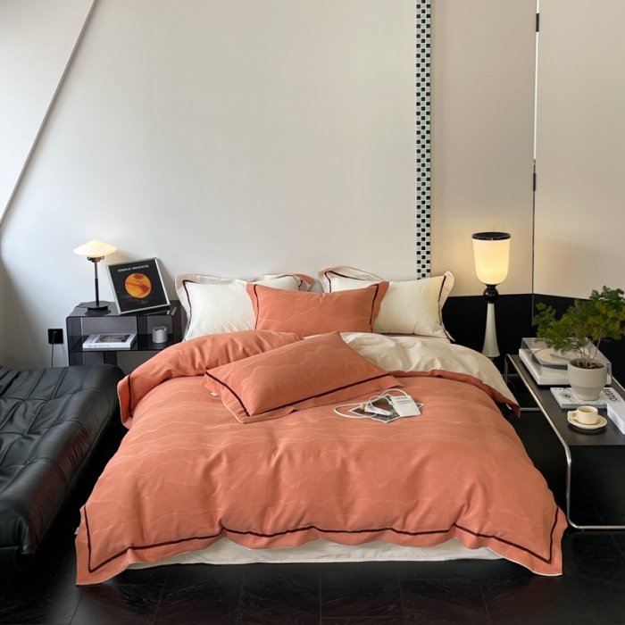 91家纺网 家纺一手货源 找家纺 玛奇朵2023新品60支华夫格大提花- 艾维斯诺系列四件套艾维斯诺-橙