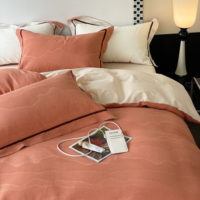 91家纺网 家纺一手货源 找家纺 玛奇朵2023新品60支华夫格大提花- 艾维斯诺系列四件套艾维斯诺-橙