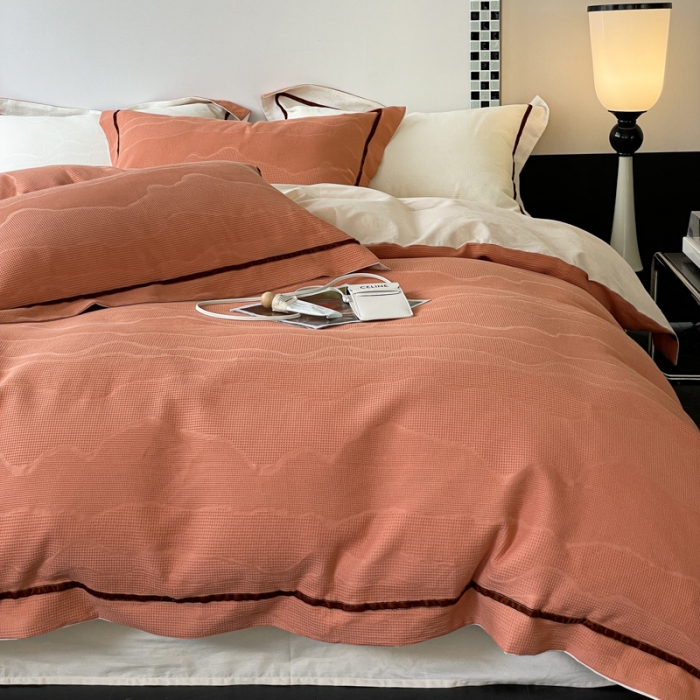 91家纺网 家纺一手货源 找家纺 玛奇朵2023新品60支华夫格大提花- 艾维斯诺系列四件套艾维斯诺-橙