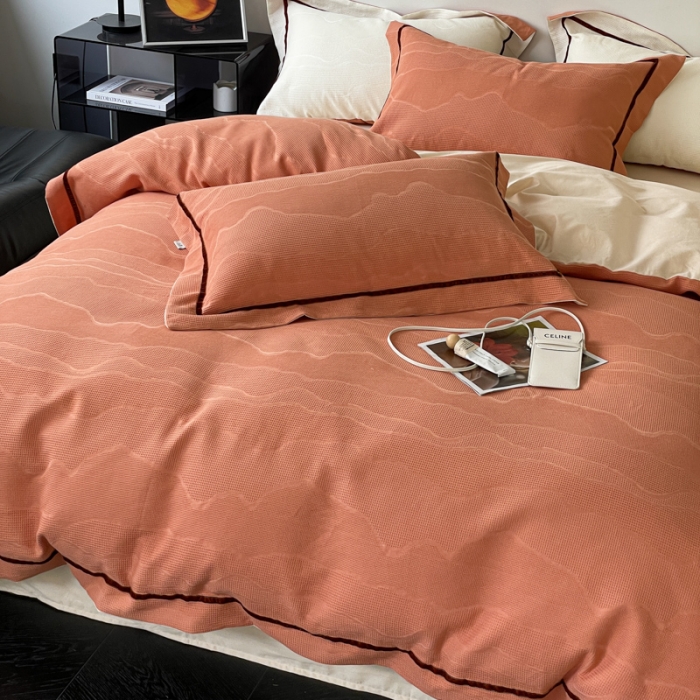 91家纺网 家纺一手货源 找家纺 玛奇朵2023新品60支华夫格大提花- 艾维斯诺系列四件套艾维斯诺-橙