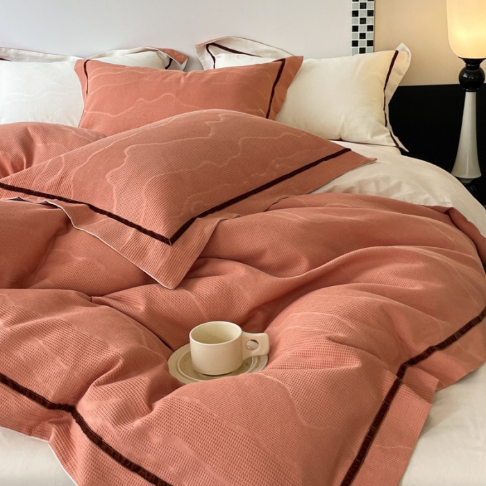 91家纺网 家纺一手货源 找家纺 玛奇朵2023新品60支华夫格大提花- 艾维斯诺系列四件套艾维斯诺-橙