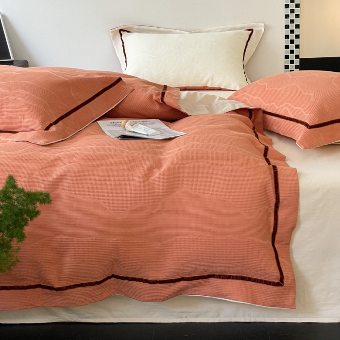 91家纺网 家纺一手货源 找家纺 玛奇朵2023新品60支华夫格大提花- 艾维斯诺系列四件套艾维斯诺-橙