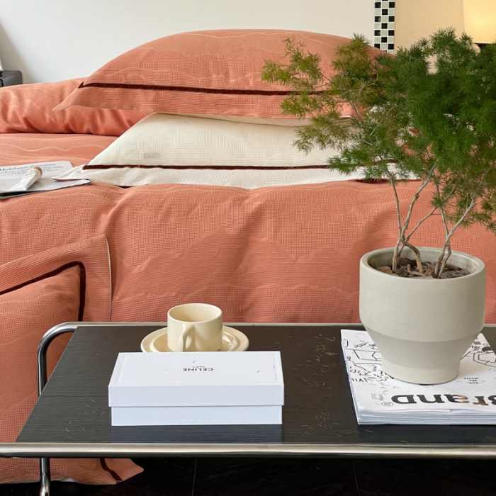 91家纺网 家纺一手货源 找家纺 玛奇朵2023新品60支华夫格大提花- 艾维斯诺系列四件套艾维斯诺-橙