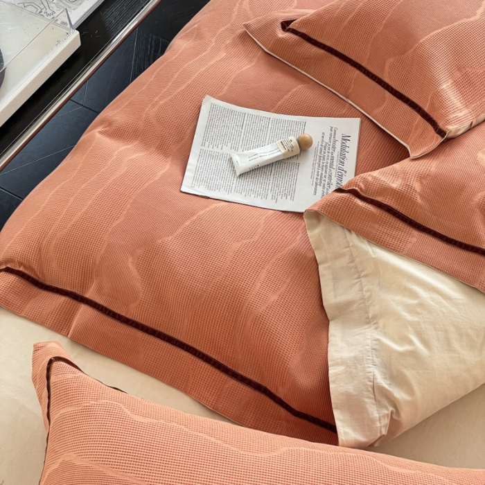 91家纺网 家纺一手货源 找家纺 玛奇朵2023新品60支华夫格大提花- 艾维斯诺系列四件套艾维斯诺-橙