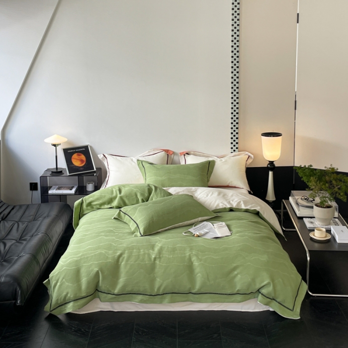 91家纺网 家纺一手货源 找家纺 玛奇朵2023新品60支华夫格大提花- 艾维斯诺系列四件套艾维斯诺-绿