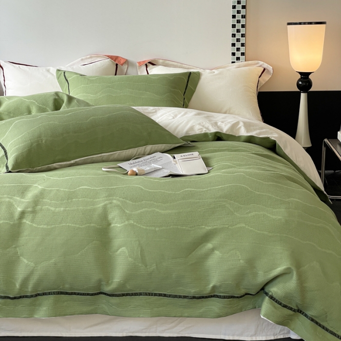 91家纺网 家纺一手货源 找家纺 玛奇朵2023新品60支华夫格大提花- 艾维斯诺系列四件套艾维斯诺-绿