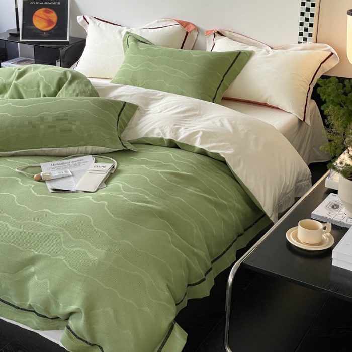 91家纺网 家纺一手货源 找家纺 玛奇朵2023新品60支华夫格大提花- 艾维斯诺系列四件套艾维斯诺-绿